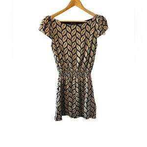 Black & Tan Textured Leaf Print Cap Sleeve Elastic Waist Mini Dress S